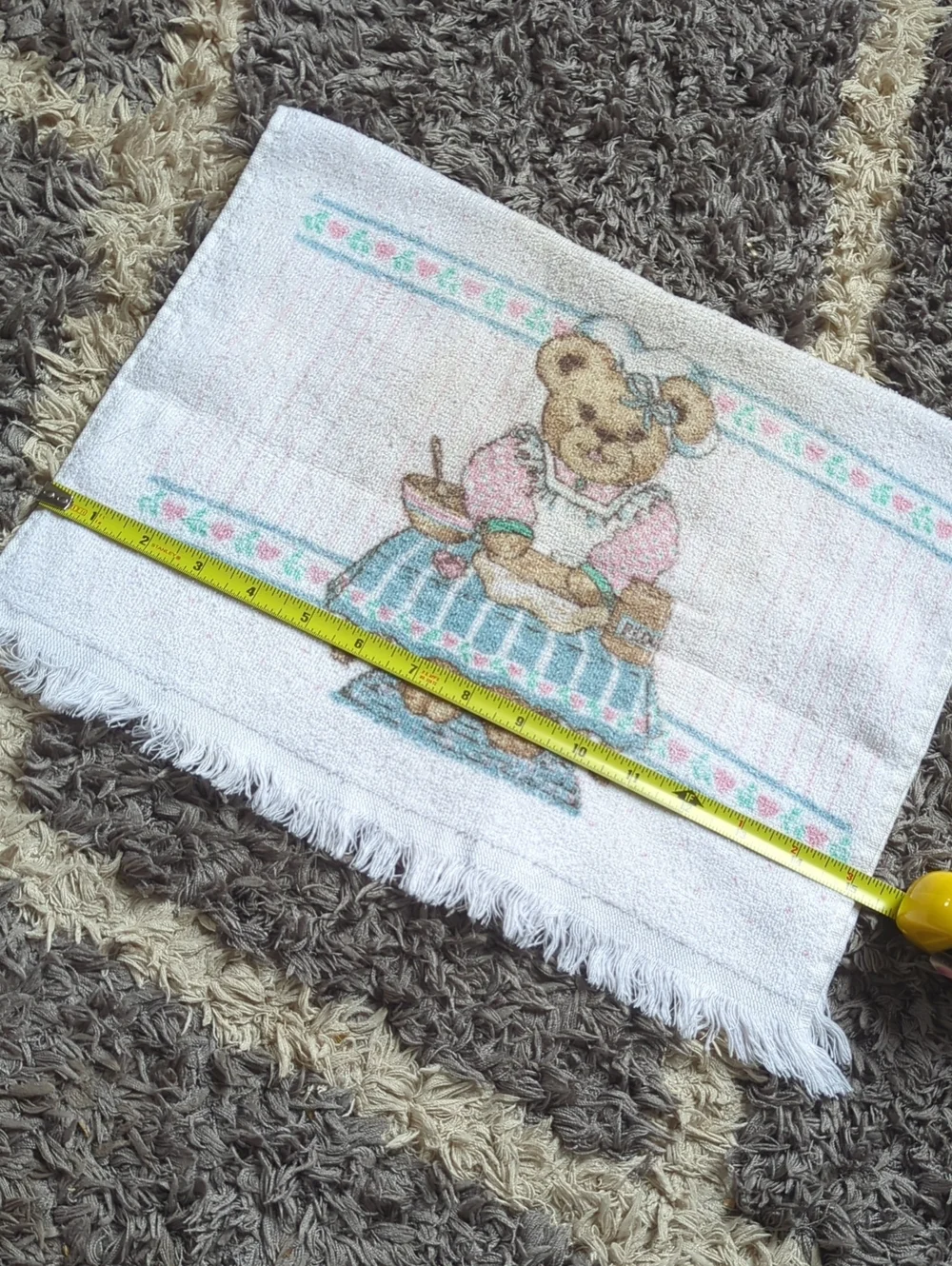 Cute Vintage Grannycore Teddy Bear Kitchen Towel Pink and Teal With Hearts